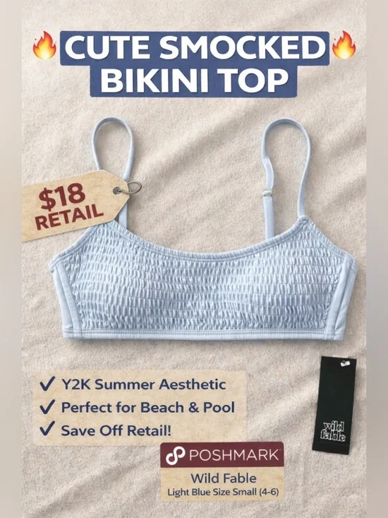 Wild Fable Smocked Bikini Top Light Blue Size Small 4-6 Adjustable NWT $18 - Picture 2 of 13